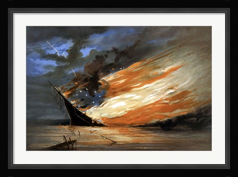 Framed Vintage Civil War painting Warship Burning Print
