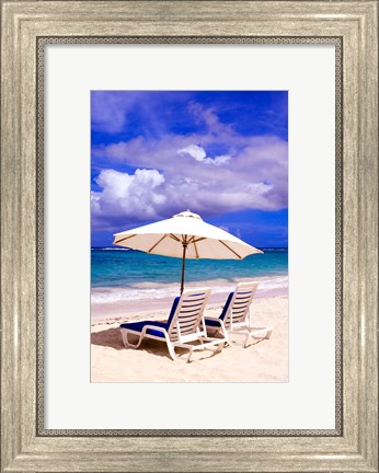 Framed Umbrellas On Dawn Beach, St Maarten, Caribbean Print