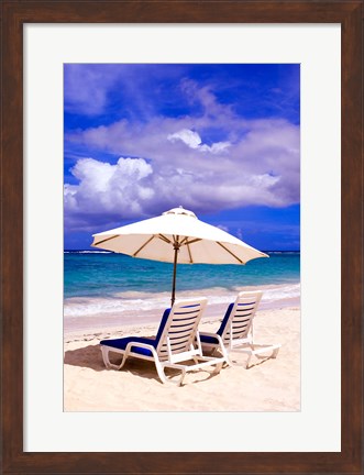 Framed Umbrellas On Dawn Beach, St Maarten, Caribbean Print