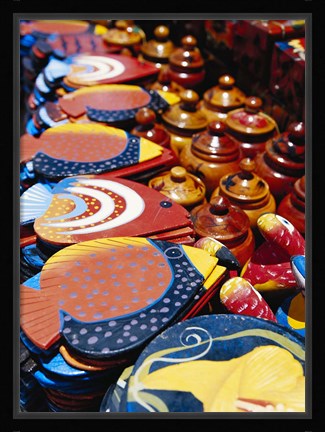 Framed Shopping items in street market, St Martin, Caribbean Print
