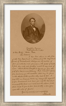 Framed President Abraham Lincoln and His Letter to Mrs Bixby Print