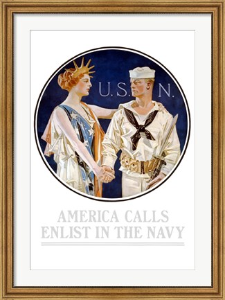 Framed Vintage World War II - Liberty Shaking Hands with a Sailor Print