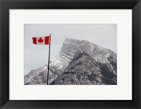 Framed Canada, Alberta, Banff Mountain view with flag Print