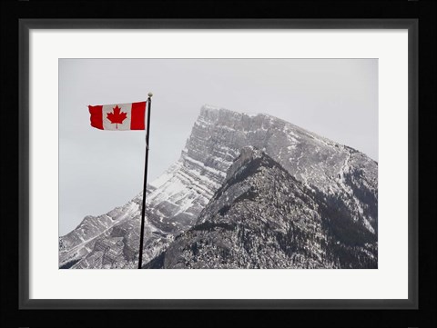 Framed Canada, Alberta, Banff Mountain view with flag Print