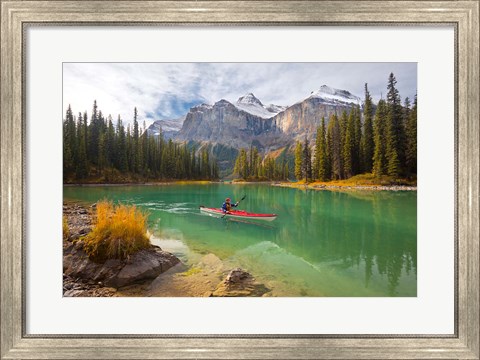 Framed Kayaker on Maligne Lake, Jasper National Park, Alberta, Canada Print