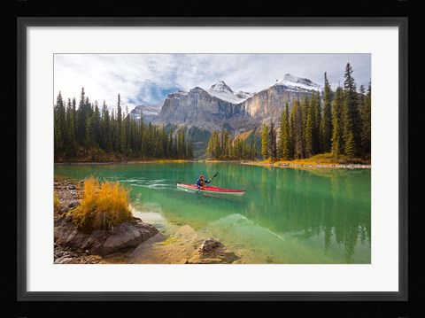 Framed Kayaker on Maligne Lake, Jasper National Park, Alberta, Canada Print