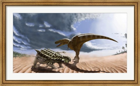 Framed Tarbosaurus dinosaur and an armored Saichania ankylosaurid Print