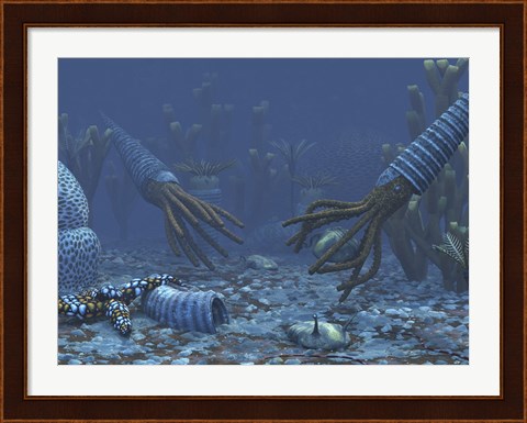 Framed Squid-like Orthoceratites attempt to make meals of trilobites Print