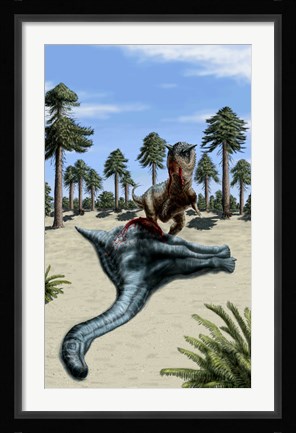 Framed Carnotaurus eating the flesh of a dead Chubutisaurus Print