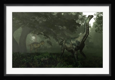 Framed Antarctosaurus stalked by Abelisaurus in a prehistoric landscape Print