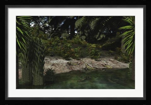 Framed Dipterus fish emerge from a Devonian freshwater lake Print