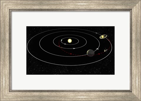 Framed Artist&#39;s concept illustrating the gravity assist maneuver used by spacecraft Print