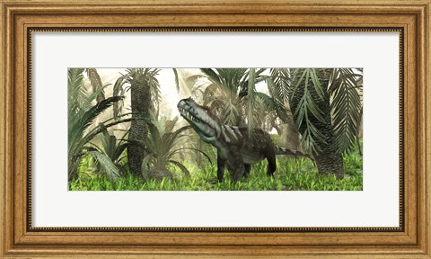 Framed archosaur wanders amidst cycads and ferns in a prehistoric swamp Print