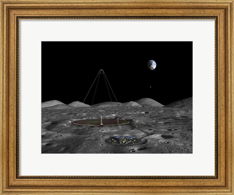 Framed giant liquid mirror telescope lies nestled in a lunar crater Print