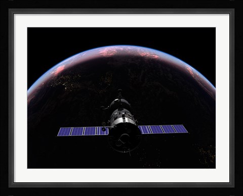 Framed Soyuz TMA-M spacecraft soars over the Atlantic Ocean at sunset Print