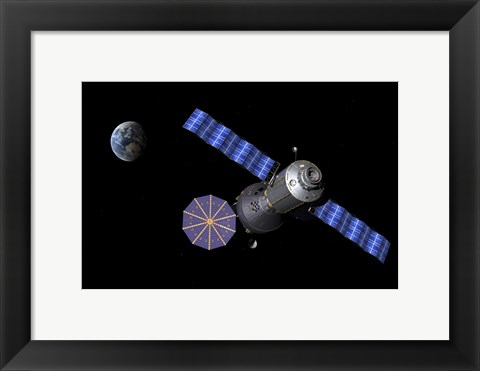 Framed Artist&#39;s concept of the Deep Space Vehicle docked to the Extended Stay Module Print