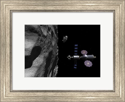 Framed Manned Maneuvering Vehicle descends toward the surface of a small asteroid Print