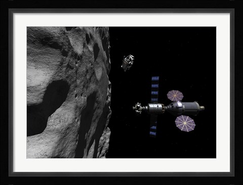 Framed Manned Maneuvering Vehicle descends toward the surface of a small asteroid Print