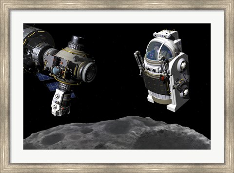 Framed Manned Maneuvering Vehicle prepares to descend to the surface of a small asteroid Print
