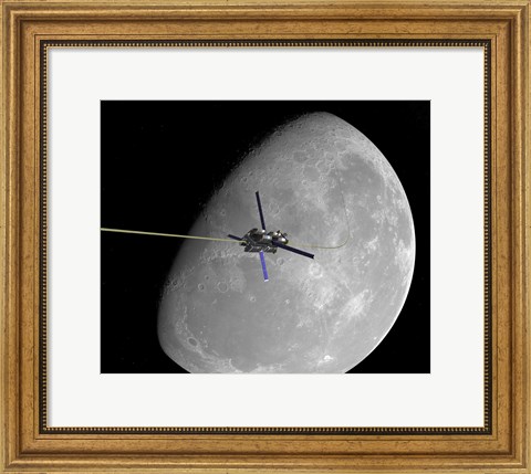 Framed manned lunar space elevator ascends from the surface of the moon Print