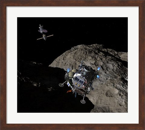 Framed manned Asteroid Lander descends toward the surface of an ancient asteroid Print