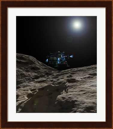 Framed manned Asteroid Lander approaches the desolate surface of an asteroid Print
