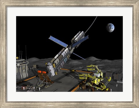 Framed manned lunar space elevator prepares to depart from its manned lunar base Print