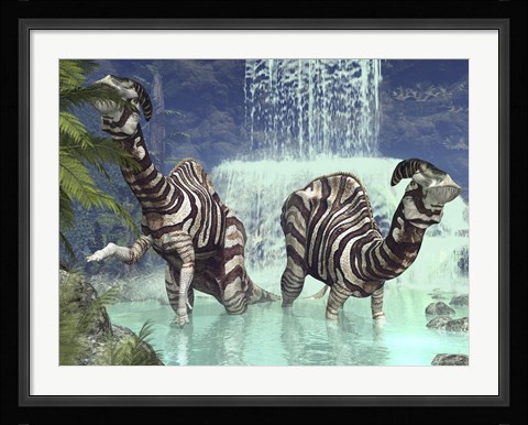 Framed pair of Parasaurolophus feed on flora near a waterfall Print