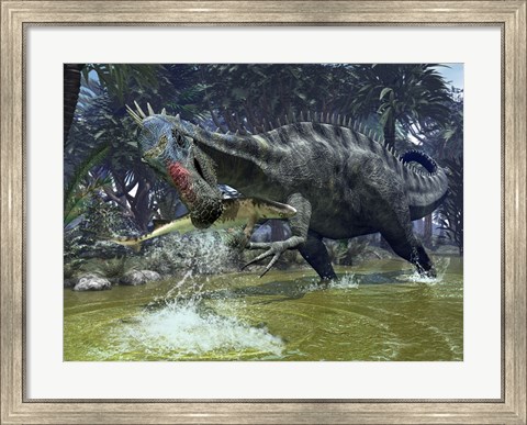 Framed Suchomimus snags a shark from a lush estuary Print