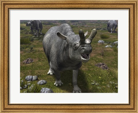 Framed Brontotherium leaves his forest habitat in search of a meal Print