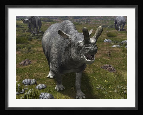 Framed Brontotherium leaves his forest habitat in search of a meal Print