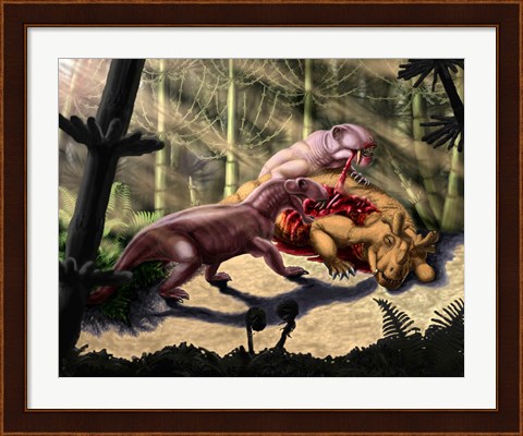 Framed Biarmosuchus predators eating the flesh of a Estemmenosuchus Print
