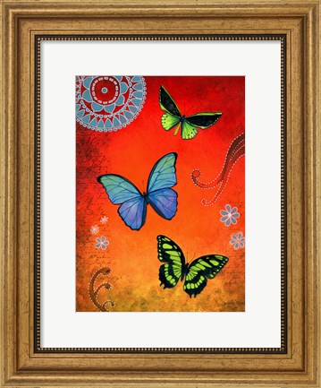 Framed Fluorescent Green and Blue Butterflies Print