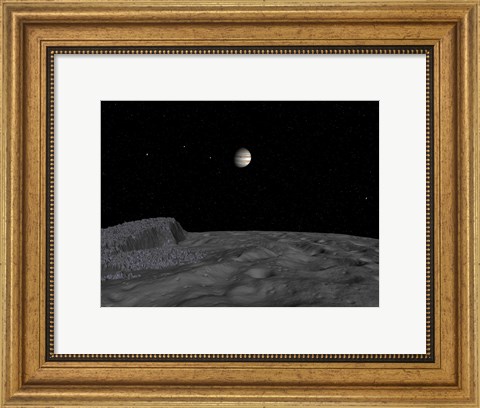 Framed Artist&#39;s Concept of a View Across The Surface of Themisto towards Jupiter and its Moons Print