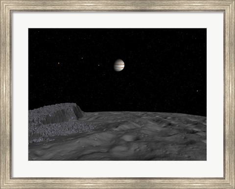 Framed Artist&#39;s Concept of a View Across The Surface of Themisto towards Jupiter and its Moons Print