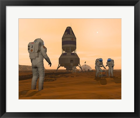 Framed Illustration of Astronauts Setting up a Base on the Martian Surface around their Lander Vehicle Print