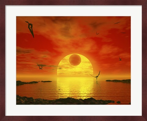 Framed Flying life Forms Grace the Crimson Skies of the Earth-like Extrasolar Planet Gliese 581 C Print
