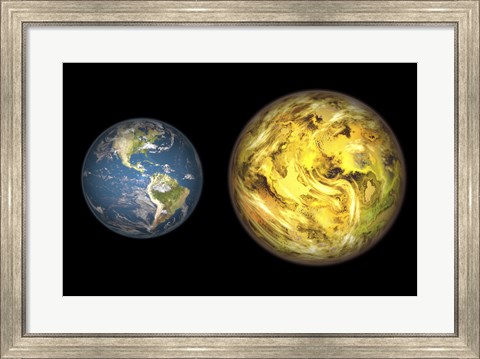 Framed Illustration Comparing the Size of Extrasolar Planet Gliese 581 C with that of the Earth Print