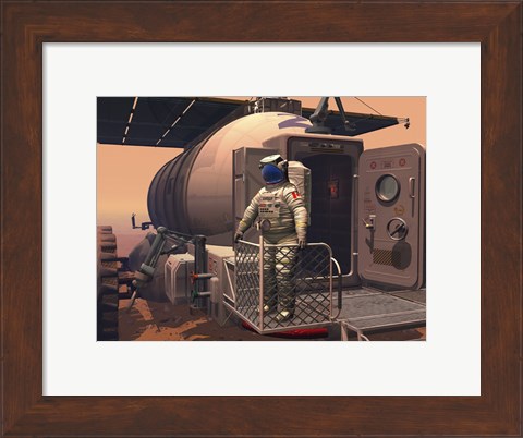 Framed Illustration of an Astronaut Leaving their Mars Rover Vehicle to Explore the Planet&#39;s Surface Print
