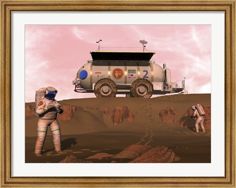 Framed Illustration of Astronauts Examining an Outcrop of Sedimentary Rock on a Martian Dune Field Print