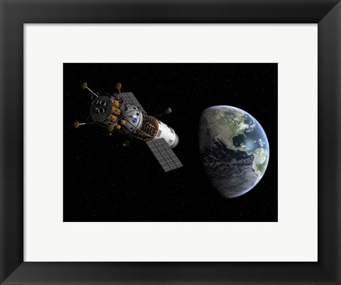 Framed Illustration of a Lunar Tug Propelling itself into Earth Orbit Print