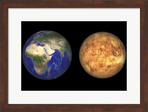 Framed Artist&#39;s concept showing Earth and Venus without their Atmospheres Print