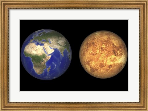 Framed Artist&#39;s concept showing Earth and Venus without their Atmospheres Print