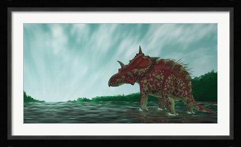 Framed Xenoceratops in the Shallow Waters of a Prehistoric River Print