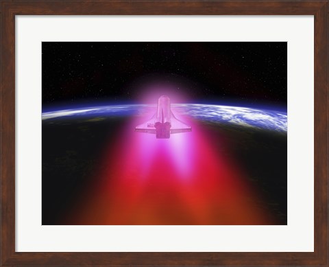 Framed Illustration of a space shuttle re-entering the Earth&#39;s atmosphere Print