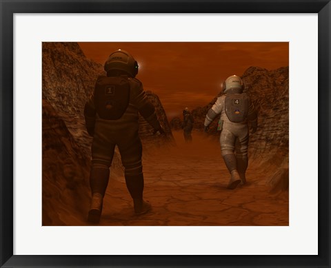 Framed Artist&#39;s concept of Astronauts Exploring a Dry Gully on Saturn&#39;s Moon Titan Print