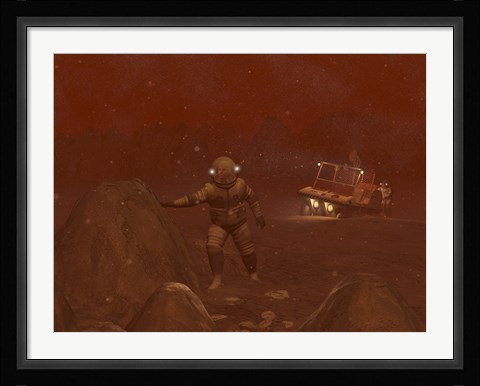 Framed Illustration of Astronauts Exploring the Surface of Saturn's Moon Titan During a Blizzard Print