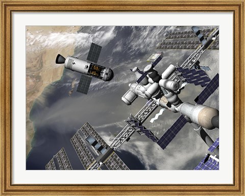 Framed Artist&#39;s concept of a Trans-Lunar Space Tug Departing the International Space Station Print