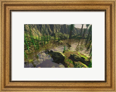 Framed Several Bothriolepis Emerge from a Shallow Tributary onto Dry Land Print