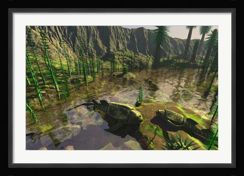 Framed Several Bothriolepis Emerge from a Shallow Tributary onto Dry Land Print